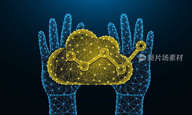 Human hands and cloud analytics low poly design, football, data analysis in polygonal style, graph wireframe vector illustration made from points and lines on dark blue background